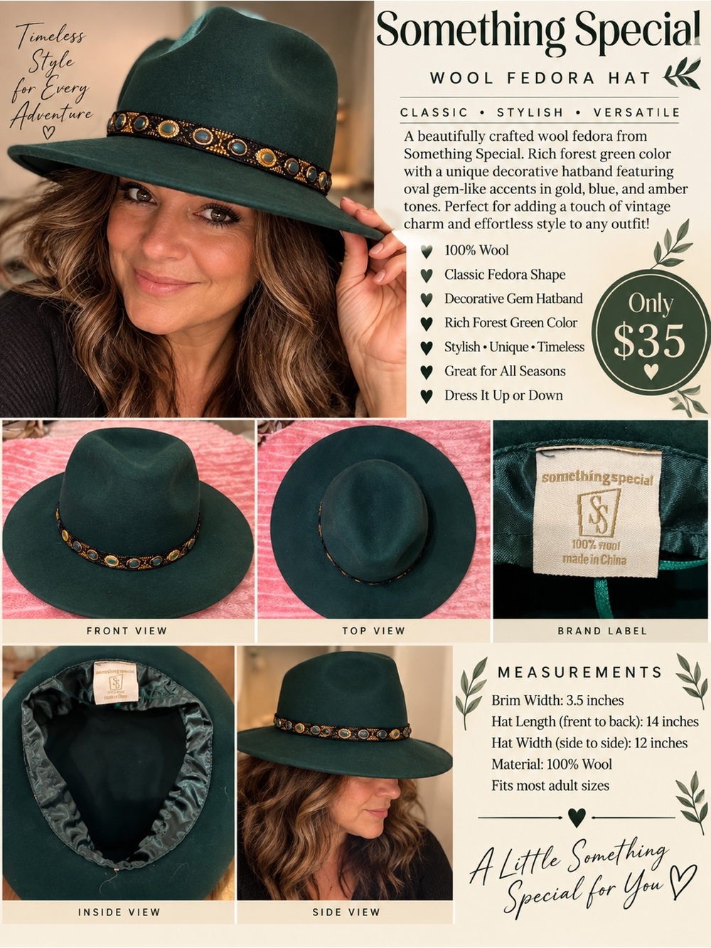 Classic Dark Green Wide-Brim Felt Hat with Decorative Band